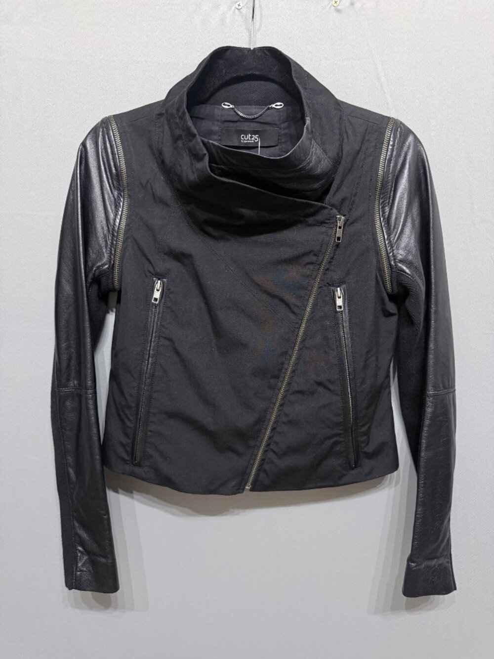 Cut25 By Yigal Azrouël Black Jacket Leather Sleeves Asymmetric Zip Womens Size S